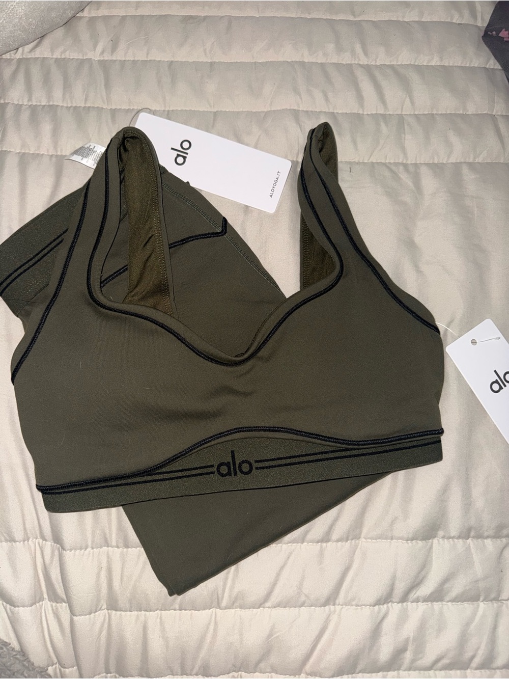 ALO Yoga Olive Green Sports Bra with Black Trim